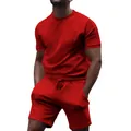Two-piece men's summer casual sports set featuring red short sleeve T-shirt and shorts - M / Top And Bottom / Red
