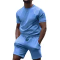 Men's casual summer short-sleeve T-shirt and shorts two-piece set in light blue - Light Blue