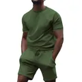 Men's casual olive green sports set with t-shirt and drawstring shorts - Army Green