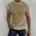 Detail view of men's beige knitted hollow mesh vest with distressed fringe armholes - M / Tops / Khaki