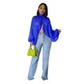 Elegante camicetta in chiffon blu reale con maniche a pipistrello e collo a fiocco - Taglia S / Top / Blu reale