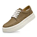 Lässiger olivgrüner Leder-Sneaker mit dicker weißer Plateausohle und Schnürsenkeln - 38 / Braun