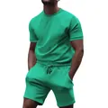 Vibrant green men's sports T-shirt and drawstring shorts two-piece casual set. - Lake Blue