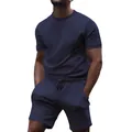 Men's two-piece sports set with navy blue short-sleeved T-shirt and matching shorts - Navy Blue