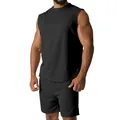 Detailed view of a black sleeveless sports set for men, showing fit and fabric texture. - M / Top And Bottom / Black