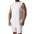 Detailed view of men's white sleeveless sports set showcasing athletic fit and fabric - M / Top And Bottom / White