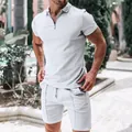 Set casual estivo da uomo in tessuto waffle con polo e pantaloncini abbinati - Taglia S / Kaki