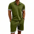 Detail view of olive green men's Polo suit featuring striped cuffs and drawstring shorts - S / Top And Bottom / Army Green