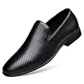 Elegant black perforated leather loafer for men, breathable business formal slip-on shoe. - 38 / Black