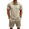 Close-up of men's beige British style polo shirt and shorts set with striped cuffs - S / Top And Bottom / Khaki
