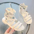 Stylish white high-top Roman sandals for girls with rhinestone butterfly details. - 22 / High Top Roman Sandals with Bow (V6010) / Off White