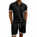 Detailed view of men's black polo two-piece set with white striped hems - 3XL / Top And Bottom / Black