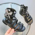 Fashionable girls' black high-top gladiator sandals featuring a rhinestone butterfly buckle - 22 / High Top Roman Sandals with Bow (V6010) / Black