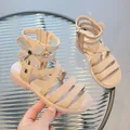 Elegant beige girls' gladiator sandals with rhinestone bow and high-top zip design. - 22 / High Top Roman Sandals with Bow (V6010) / Pink