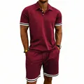 Detailed view of burgundy men's two-piece polo set featuring striped cuffs and lapel collar - S / Top And Bottom / Burgundy