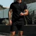 Set casual nero da uomo in maglia a nido d'ape con polo con zip e pantaloncini - Taglia M / Top e Pantaloni / Nero