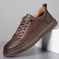 Zapatos casuales de cuero marrón perforados para hombre, transpirables para verano - Marrón Calado