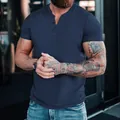 Detail view of men's navy blue short-sleeved Henley shirt with button neckline - S / Tops / Navy Blue
