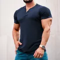 Detailed view of a navy blue slim fit Henley T-shirt featuring a button placket - Navy Blue