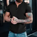 Close-up detail of a black short-sleeved buttoned Henley t-shirt for men - S / Tops / Black