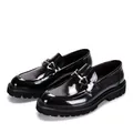 Detailed view of shiny black leather loafers with silver metal bit and thick lug sole - 38 / Black