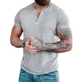 Men's slim fit grey short sleeve Henley T-shirt with three-button placket - Light Gray