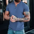Men's casual blue short sleeve Henley shirt featuring a classic buttoned neckline design - Denim Blue