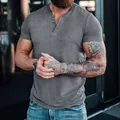 Athletic fit men's short sleeve gray Henley t-shirt with button placket detail - Dark Gray