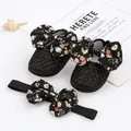 Detailed macro view of floral bow baby girl princess shoes and matching headband set - Floral Butterfly Style (GZ052) / Inner Length 10.5cm (Including Headband) / Black