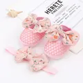 Close-up of pink baby princess shoes and matching floral bow headband set - Floral Butterfly Style (GZ052) / Inner Length 10.5cm (Including Headband) / Pink