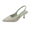 Elegant French style textured tweed kitten heel slingback sandals with pointed toe design - 34 / Bean Green