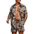 Male model wearing Hawaiian two-piece set with tropical leaf print on white background - S / Top And Bottom / Set 9