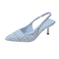 Elegant light blue tweed slingback sandals with pointed toe and slim kitten heel for women - 34 / Sea Salt Blue
