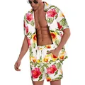 Close-up of men's floral Hawaiian shirt and shorts set for summer vacation wear - S / Top And Bottom / Set 1