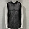 Detailed view of black men's hollow knit mesh vest with round neck sleeveless design. - M / Tops / Black