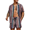 Detail view of men's Hawaiian set featuring vertical stripes on shirt and shorts - S / Top And Bottom / Set 2