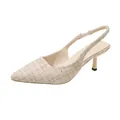 Elegant cream tweed pointed-toe slingback high heels with minimalist French style. - 34 / Beige