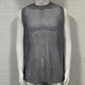 Detailed front view of a grey hollow-out mesh knitted tank top vest for men on a mannequin - M / Tops / Gray