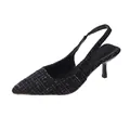 Elegant black tweed slingback kitten heels with pointed toe design and slim stiletto heels - 34 / Black