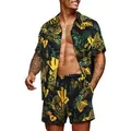 Men's Hawaiian floral print two-piece set with short-sleeve shirt and matching shorts - S / Top And Bottom / Set 8