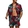 Overall fit and style detail of men's red Hawaiian floral print short sleeve shirt and shorts - S / Top And Bottom / Red (Green Leaf Print)