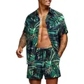 Detailed shot showing tropical leaf print on men's casual Hawaiian shirt and shorts set - S / Top And Bottom / Set 11