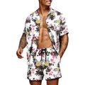 Detail of men's Hawaiian floral short sleeve shirt and shorts set with pineapple print. - S / Top And Bottom / Set 12