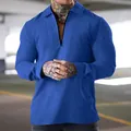 Detail of royal blue waffle knit texture on men's long-sleeve polo shirt with zipper - S / Tops / Sapphire Blue