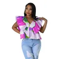 Detailed front view of a vibrant floral print V-neck top with oversized ruffle sleeves. - S / Tops / Rose Purple