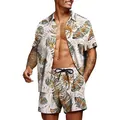 Men's casual Hawaiian two-piece set featuring tropical leaf print shirt and matching shorts - S / Top And Bottom / Set 6