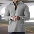Men's waffle knit long-sleeve polo shirt with quarter-zip in grey melange. - S / Tops / Light Gray