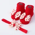 Juego de calcetines y diadema rojos para recién nacidos con lazos de lunares decorativos - Talla S 0-6M / Conjuntos / Calcetines Rojos con Lunares Beige