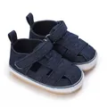 Detailed view of navy baby denim sandals featuring Velcro strap and anti-slip sole - Blue