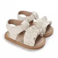 Vista macro de detalle de sandalias blancas para bebé con volantes elegantes y suelas blandas - Blanco